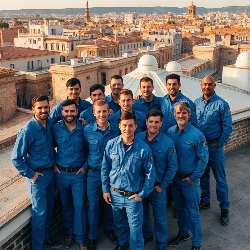 Retrato del equipo de Schoonerget con uniformes azules sobre un tejado de Barcelona