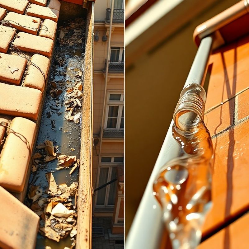 Comparativa antes y después de la limpieza de canalones en un edificio de Barcelona