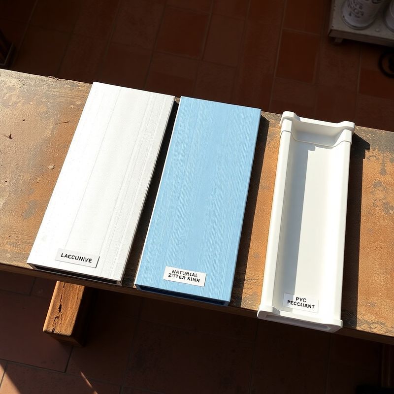 Muestras de canalón en aluminio lacado, zinc natural y PVC blanco sobre banco de taller