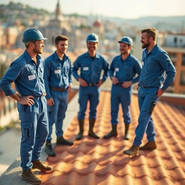 Equipo de Schoonerget con uniforme azul trabajando en un tejado de Barcelona